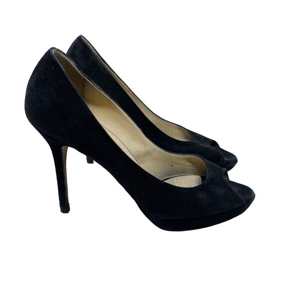 Jimmy Choo Womens 37 1/2 Black Suede Peep Toe Stiletto Pumps Heels Leather 4" - Picture 1 of 15